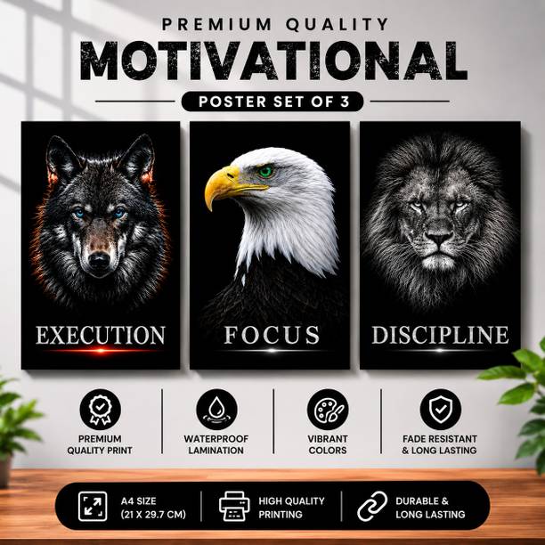 Motivational Animal Wall Poster Set of 3 | Lion Eagle Wolf Posters | A4 Premium Quality Wall Decor for Home, Office & Study Room Paper Print