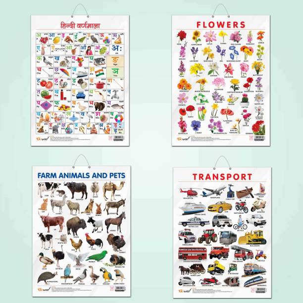 FLOWERS CHART GLOSS LAMINATED, FARM ANIMALS AND PETS CHART GLOSS LAMINATED, HINDI VARNMALA CHART GLOSS LAMINATED, and TRANSPORT CHART GLOSS LAMINATED | combo of 4 charts |Glossy Educational Extravaganza Paper Print