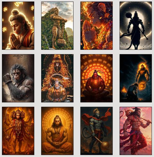 Lord Hanuman Posters Set of 12 | A4 Size 350 GSM Glossy Prints | Bajrangbali Wall Art for Home, Temple, Meditation Room & Spiritual Décor (Unframed) 3D Poster