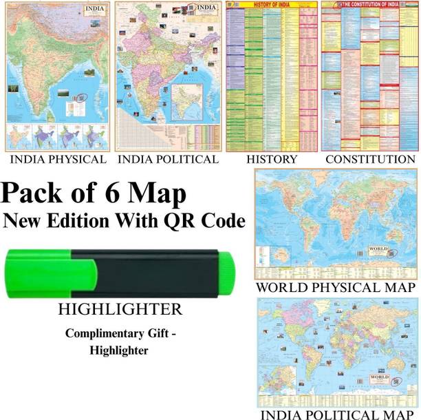 (COMBO OF 6 MAPS/CHARTS WITH COMPLIMENTARY GIFT) INDIAN Constitution Map & History of India Map With India & World Map (Both Political & Physical)| Set Of 6| Map Size (40 * 28) (23 * 36)|Paper Mint| Complimentary text liner| Best Useful for UPSC, SSC, IES and other Competitive Exams. (All English Maps) Paper Print Paper Print