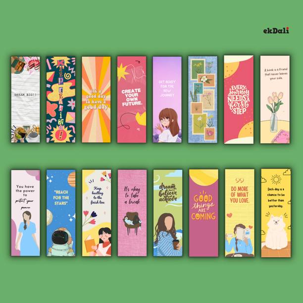 16 Unique Bright Design Bookmarks – 2x6 Inches – 350 GSM Thick Paper – Encouraging & Vintage Book Lover Gifts for Women, Men, and Teens Paper Print