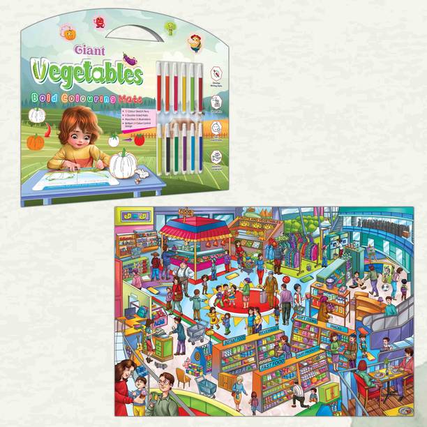 GIANT VEGETABLES BOLD COLOURING MATS and GIANT AT THE MALL COLOURING POSTER | Combo of 1 bold colouring mat with pen and 1 colouring poster | Bold Mats, Mall Poster Paper Print