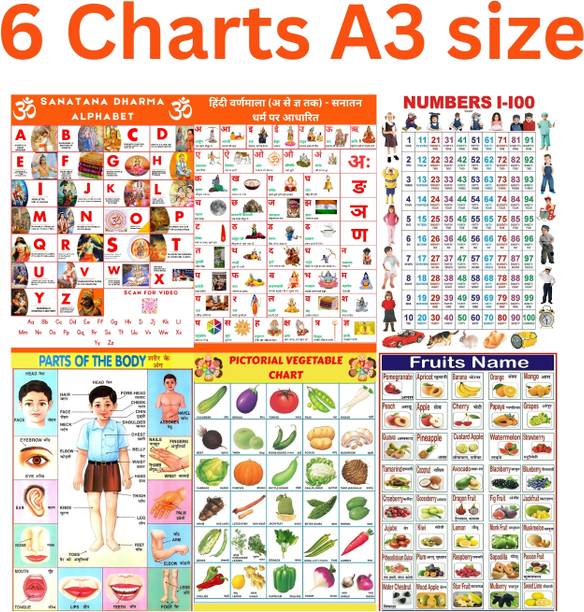 Sanatan Dharam Hindu Alphabet, Hindi Varnmala, Fruits, Vegetables, Numbers & Body Parts Educational Charts | Set of A3 Size Posters | 300 GSM Glossy Paper | Waterproof Learning Charts for Kids 3D Poster
