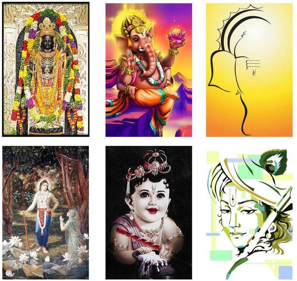 Hindu Religious Posters Combo Pack of 6 - Paper Printed (12 inch X 18 inch each, Rolled) for Home, Room & Office Paper Print