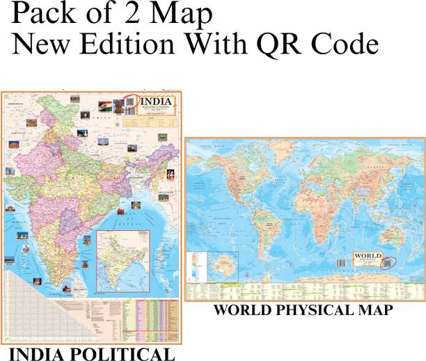 Pack of 2 Indian Political & World Physical Map | 70x100 cm / 28x40 inch | 90 GSM Thick Paper | Extra Quality Print | New Edition with QR Code | SSC, UPSC & Competitive Exams Paper Print Paper Print
