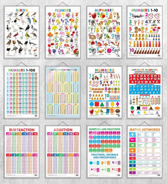 Birds, Flowers, Alphabet, Numbers 1-10, Numbers 1-100, Multiplication Table 1-20, Numbers, Shapes & Colours, Alphabet, Numbers, Shapes & Colours, SUBTRACTION, ADDITION, NUMBERS AND FRACTIONS and MATHS KEYWORDS|combos of 12 hard laminated charts|Unlocking Knowledge: The Complete Set of 12 Educational Charts Paper Print