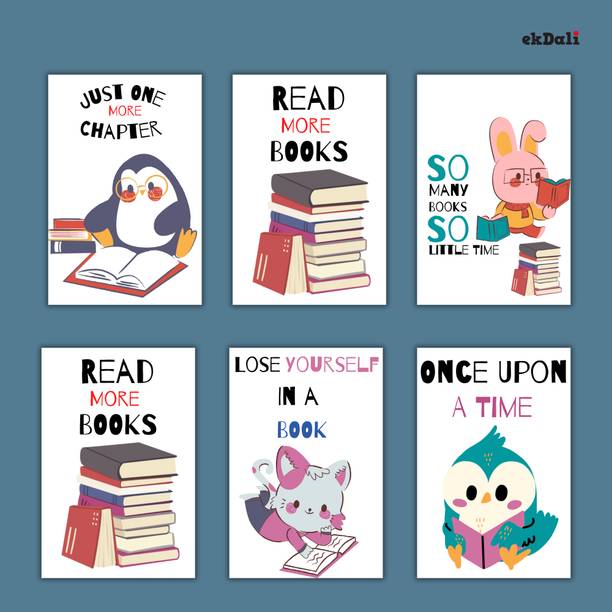 Set of 6 Fun Animal Posters for Book-Loving Children Paper Print