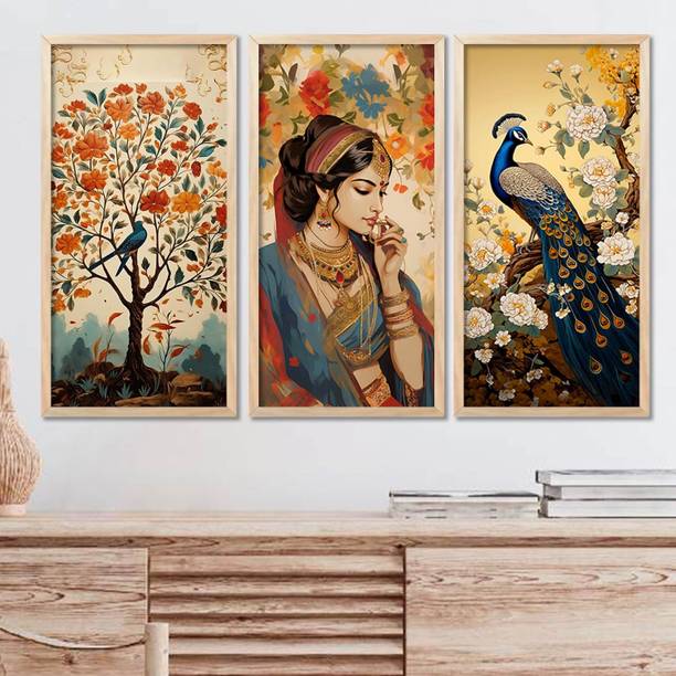 Traditional Indian Art Pichwai Wall Décor Paintings | Painting for wall Decoration | Madhubani Art Painting with Frame for Living Room and Bedroom (10 inch x 19 inch, Set of 3) Paper Print