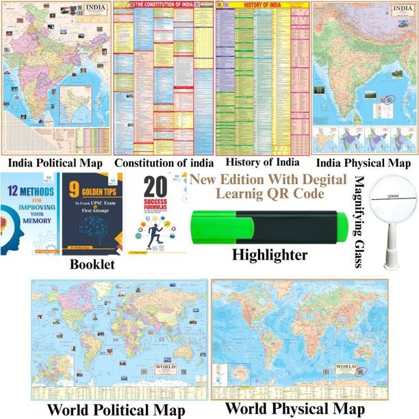 Pack of 6 Premium Wall Maps – India Political, India Physical, World Political, World Physical, History of India, Constitution of India, Highlighter, Magnifying Glass, 9 Golden Tips, 12 Method's & 20 Success Booklet – English Medium 28x40 Inch (70x100 cm) – 90 GSM Thick Paper, Bright & Durable Print, QR Code Edition – Ideal for SSC, UPSC & Competitive Exam Preparation Paper Print