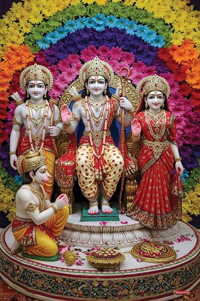 Ram Darbar Self-Adhesive Poster 12x18 Inch – Lord Ram, Sita Mata, Lakshman & Hanuman with Colorful Floral Background Hindu Wall Decor Sticker Poster for Home Temple & Puja Room Vinyl