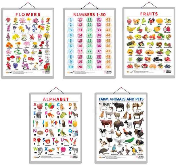 ALPHABET CHART HARD LAMINATED, FRUITS CHART HARD LAMINATED, FLOWERS CHART HARD LAMINATED, FARM ANIMALS AND PETS CHART HARD LAMINATED, and NUMBER 1 -50 CHART HARD LAMINATED | combo of 5 charts | Harmony of Knowledge Charts Paper Print
