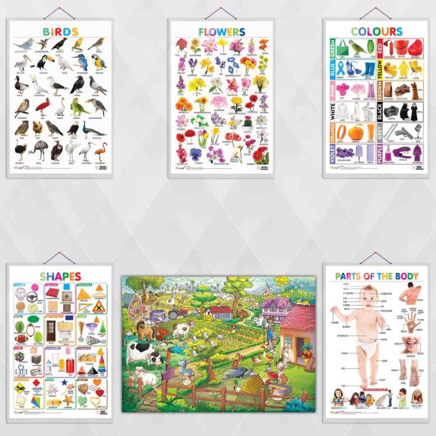 GIANT AT THE FARM COLOURING POSTER, Birds, Flowers, Colours, Shapes and Parts of the Body charts | combo of 1 colouring poster and 5 charts |Farmyard Exploration and Learning: Giant Coloring Poster, Birds, Flowers, Colors, Shapes, and Parts of the Body Charts Paper Print