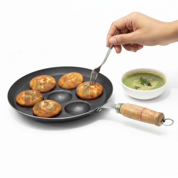 NSVL 7 Cavities Iron Appam PANIYARAM Patra 9inch pan With Wooden Handle Appachatty 0.5 L capacity 23 cm diameter