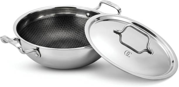 Omichef Triply Stainless Steel HoneyComb Kadhai 20CM(1.7Ltr) Kadhai 20 cm diameter with Lid 1.7 L capacity