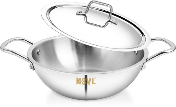 NSVL Triply 3 Layer Stainless Steel Cookware Deep Kadhai 26cm with Steel Lid Kadhai Kadhai 26 cm diameter with Lid 3.2 L capacity