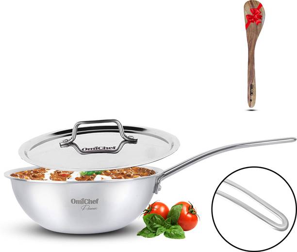 Omichef Primax 20CM(1.7Ltr) Triply Stainless Steel Wire Handle Wok/Kadhai , Wok with Lid 1.7 L capacity 20 cm diameter