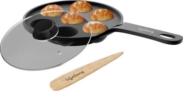 Lifelong Pre-Seasoned Paniyaram Pan with Wooden Spatula, 7 Pits Naturally Non Stick Paniarakkal with Lid 0.5 L capacity 21 cm diameter