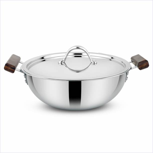 PRABHA Tri-Ply Deep Kadhai with Lid, Wooden Handle, Induction & Gas Stove, Non Toxic Kadhai 36 cm diameter with Lid 10 L capacity