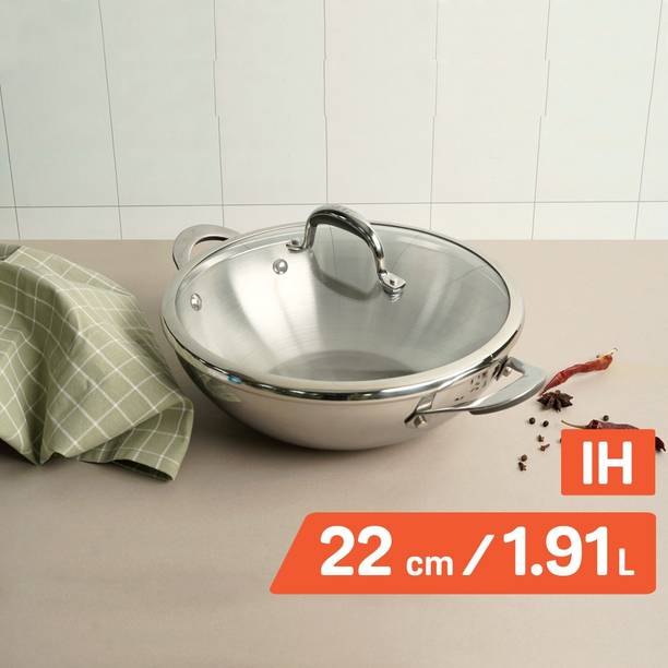 Meyer Select Nickel Free Stainless Steel Kadhai 22 cm diameter with Lid 1.91 L capacity
