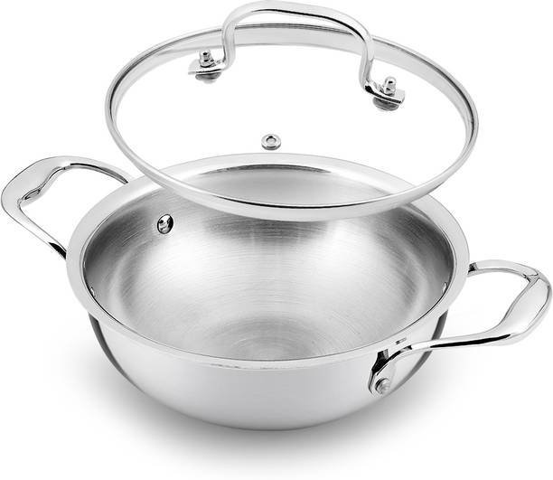 HSG Kitchen Premium Triply SAS Steel Deep Kadai with Lid (20 cm) | Induction & Gas Kadhai 20 cm diameter with Lid 1.5 L capacity