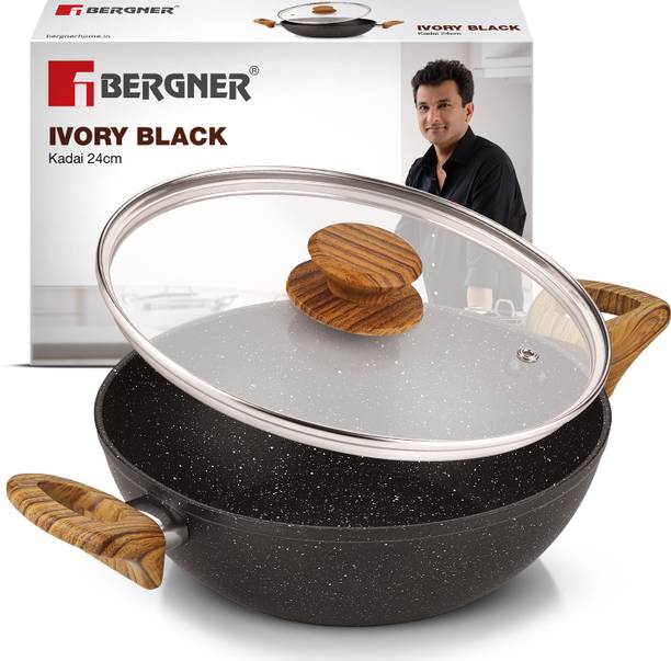 BERGNER Ivory Black Granite Non-Stick Kadai with Glass Lid, Forged Aluminium, PFOA Free, Kadhai 24 cm diameter with Lid 2.5 L capacity
