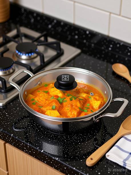 The Indus Valley Triply Stainless Steel Kadai with Glass Lid - 9.2 inch Kadhai 23.4 cm diameter with Lid 2.7 L capacity
