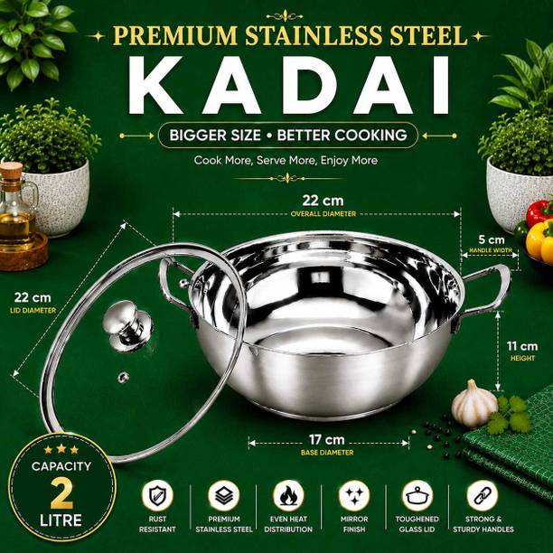 Red Robin Premium Mirror Finish Kadai with Lid for Frying and Cooking Food Stir Fry Pan 22 cm diameter with Lid 2 L capacity