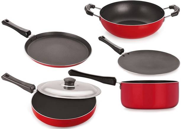 NIRLON Aluminium Cookware Set, Red & Black तवा 27 cm डायमीटर ढक्कन के साथ
