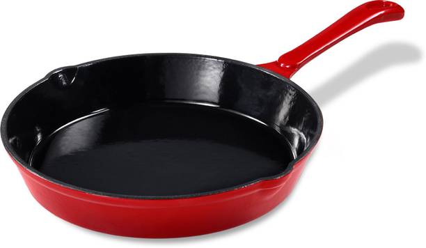 CaROTE Enamel Cast Iron Skillet Frying Pan 10 Inch Red, Induction Safe, Even Heat Fry Pan 26 cm diameter with Lid 1.2 L capacity