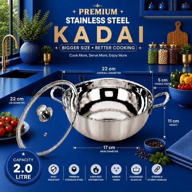 Red Robin Stainless Steel Cooking Pot Kadai with Handles Stir Fry Pan 22 cm diameter with Lid 2 L capacity
