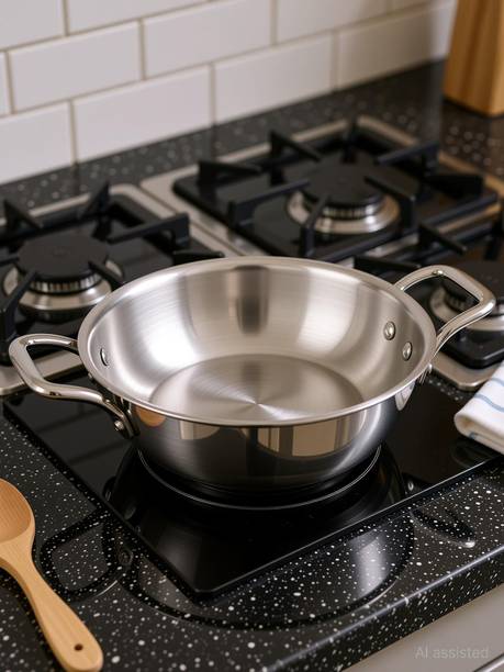 iVBOX ® Platina Induction Bottom Triply Steel Kadai Kadhai 24 cm diameter 2.6 L capacity