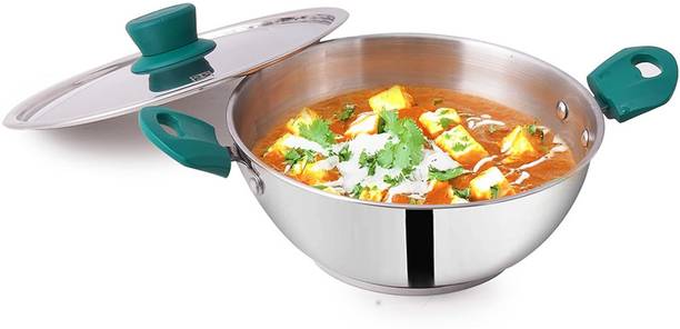 The Indus Valley Stainless Steel 3-layer Bottom Kadai with Green Bakelite Handle - Small 8.9 inch Kadhai 22.6 cm diameter with Lid 2.1 L capacity