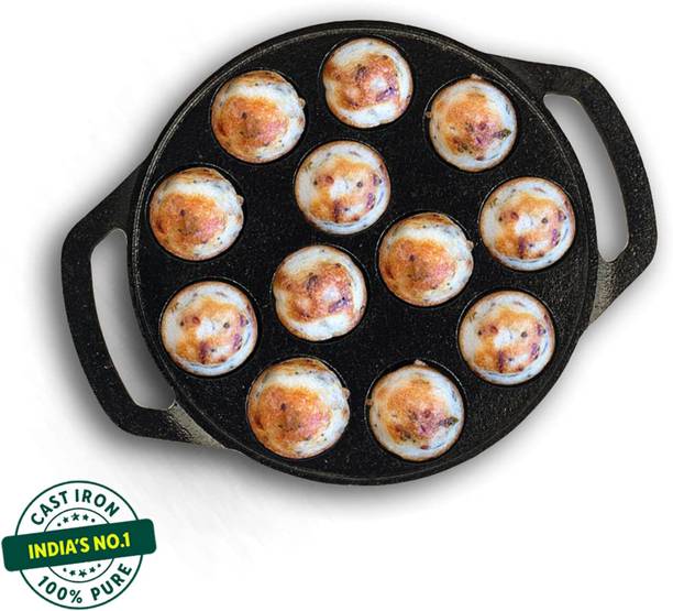 The Indus Valley Pre-Seasoned Cast Iron Paniyaram Pan With Loop Handle 12 Pit - 8.3 inch Appachatty Pan 21 cm diameter 0 L capacity