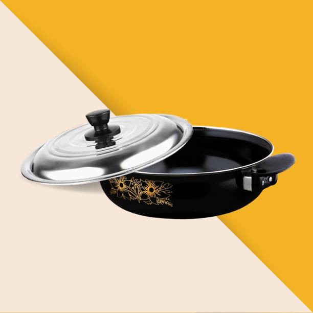 My Store Non Stick Kadhai with Steel Lid (Black / 3.5 L) - Non Stick Induction Kadhai 26.8 cm diameter with Lid 3.6 L capacity