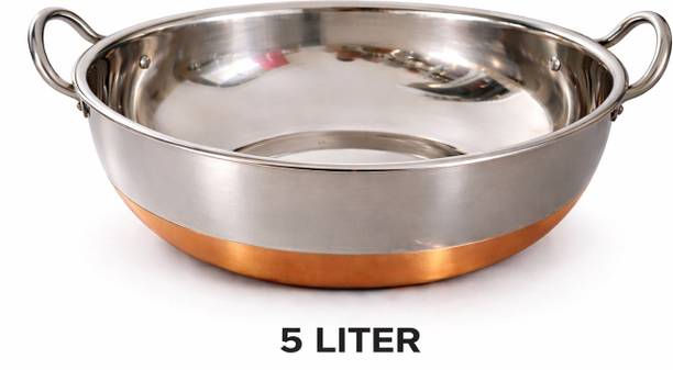 KICHENLY Copper Bottom Stainless Steel Kadhai Pot Pans with Handle Kadhai 25 cm diameter 5 L capacity