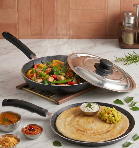 NARV fry pan lid dosa tawa combo set strong aluminium base Fry Pan 23.5 cm, 27.5 cm diameter with Lid 2 L, 1 L capacity
