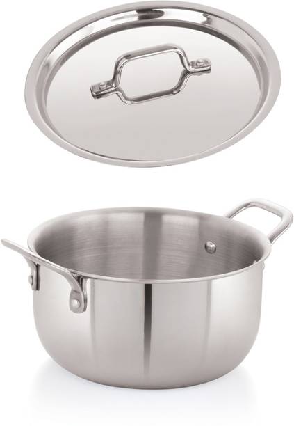 iVBOX Platina-22cm Triply Steel Casserole Pot Pan with Steel lid Kadhai 22 cm diameter with Lid 4.4 L capacity