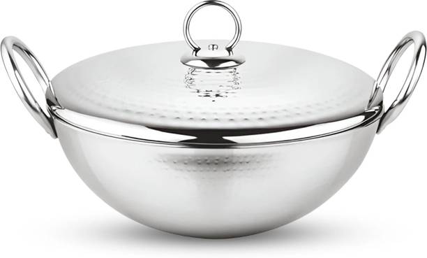 PRABHA हैमर्ड फिनिश, हैवी गेज कढ़ाई, किचन वोक, सिल्वर कढ़ाही 20 cm ढक्कन के साथ