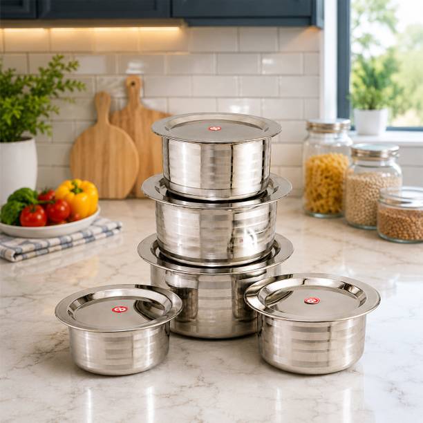 Nandeksha Stainless Steel with lid (5Piece 1 Ltr,1.5 Ltr,2 Ltr,2.5 Ltr,3 Ltr) Cookware Set Handi 2 L with Lid