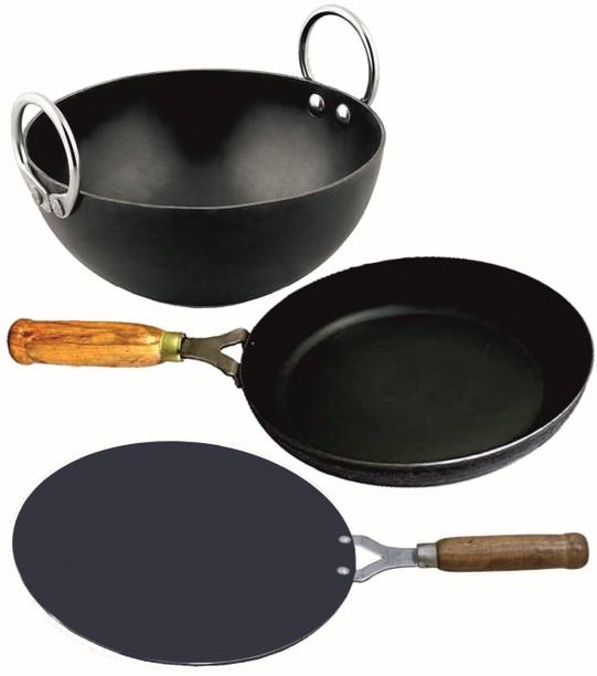 VeerEnterprises MS Pure Iron/Loha Combo Set of 3 (Kadhai, Wooden Handle Tawa & FryPan) no 8 Kadhai 20 cm diameter 1 L capacity