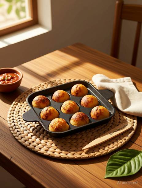 The Indus Valley Pre-Seasoned Cast Iron Square Paniyaram Pan With Spatula|9Pit - 9.4 inch Paniarakkal Pan 24 cm diameter 0 L capacity