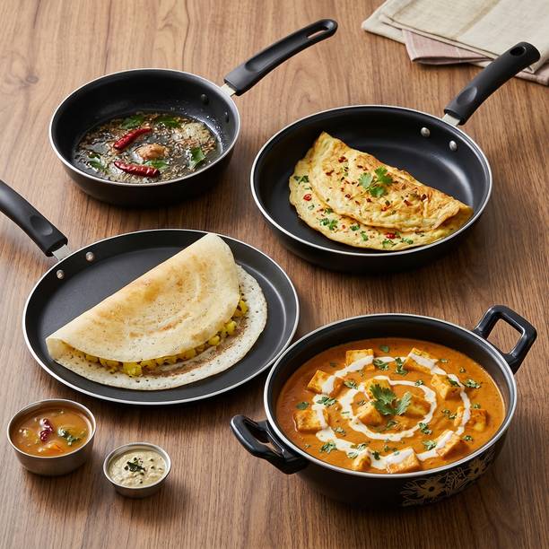 YR Enterprises Induction Base Non-Stick Cookware Combo Set - Fry Pan, Dosa Tawa, Kadhai & Tadka Pan 17 cm diameter 0.75 L capacity