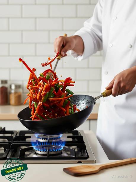 The Indus Valley Pre-Seasoned Light Iron Wok with Strong Wooden Handle - 12 inch Wok 4.2 L capacity 30.4 cm diameter