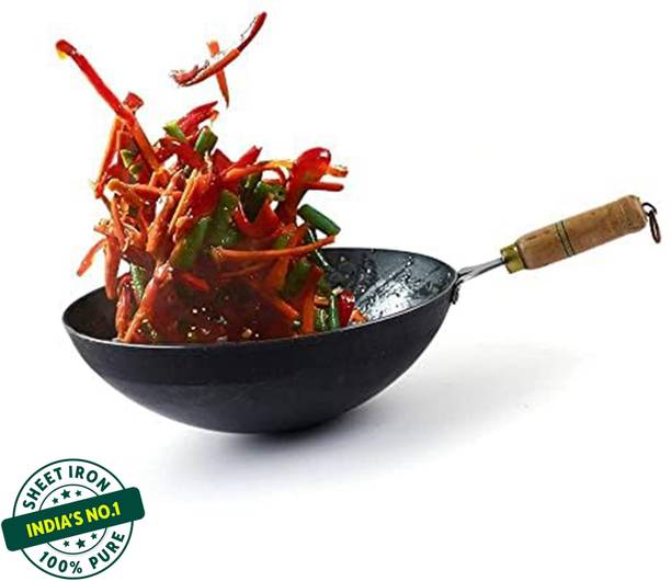 The Indus Valley Pre-Seasoned Light Iron Wok with Strong Wooden Handle - 12 inch Wok 4.2 L capacity 30.4 cm diameter
