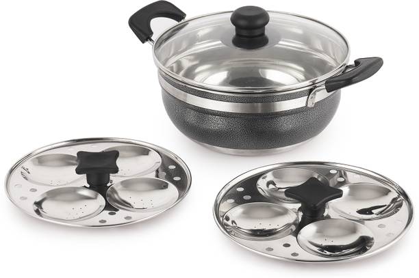 cello Magna Stainless Steel Multi Kadai Idli cooker with Glass Lid |Multi-purpose use| Kadhai 28 cm diameter with Lid 3 L capacity