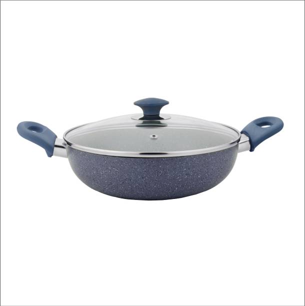 PRABHA Marble Coating Finish, Heavy Gauge Deep Kadhai With Glass Lid, Kitchen Wok Kadhai 24 cm diameter with Lid 2.4 L capacity