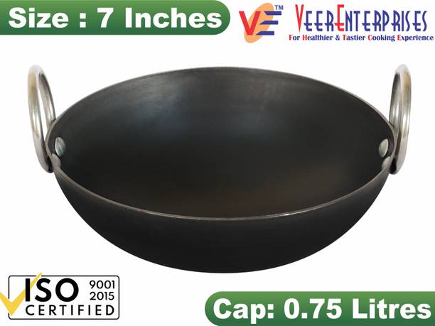 VeerEnterprises Ms Pure Iron/Loha Black Deep Kadai/Wok No-7 (Dia-7 Inches) Kadhai 18 cm diameter 0.75 L capacity