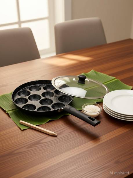 NSVL Appam Patra with 12 Cavity Heavy Duty Aluminum | Single Handle Paniarakkal Pan 23 cm diameter with Lid 0.5 L capacity