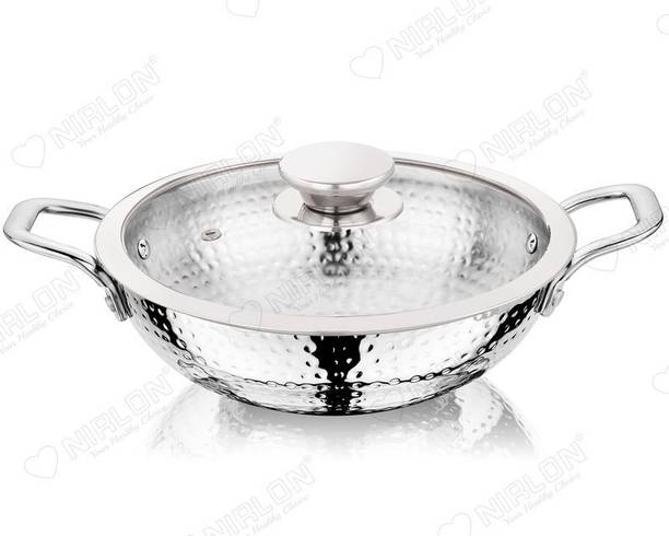 NIRLON NIRLON Plus Hammered Triply Stainless Steel Cookware Deep Kadhai Kadhai 18 cm diameter with Lid 1.1 L capacity