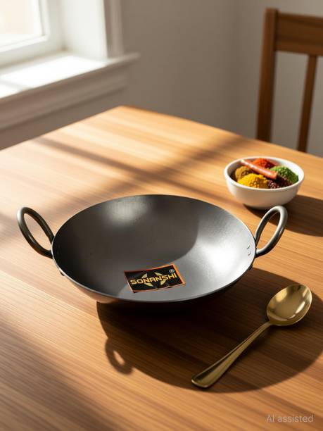 Sonanshi Iron/loha Kadhai Ideal for Cooking/Frying for Daily Use Kadhai 26.02 cm diameter 1.8 L capacity